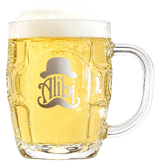 Alibi Ale Works dimple mug filled with a clear pale-gold Czech pilsner-style lager