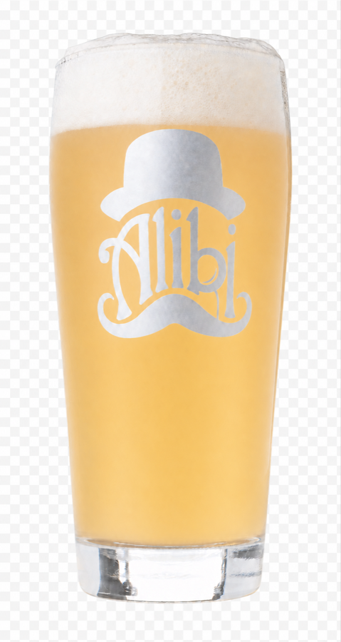 Alibi pint glass filled with subtly cloudy pale-yellow beer for Chance of Klaus