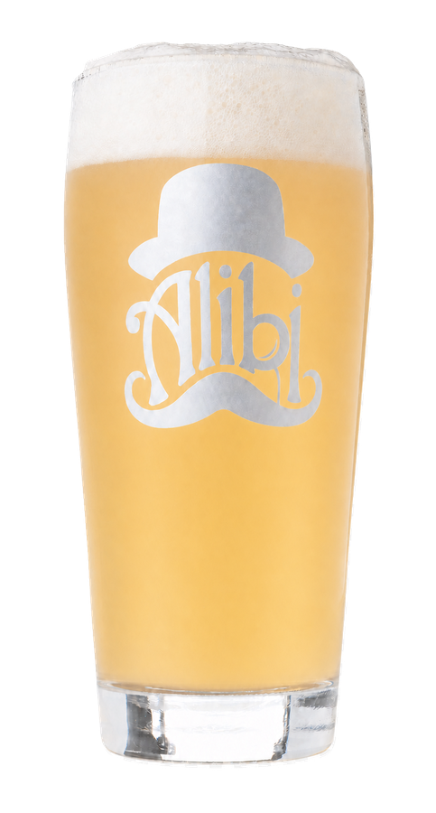 Alibi pint of Chance of Crowds, a moderately hazy pale-yellow IPA