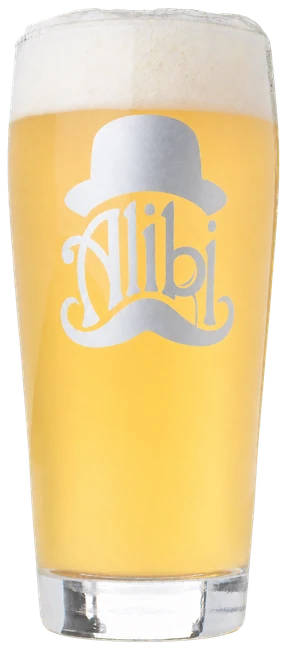 Alibi pint glass filled with subtly cloudy pale-yellow beer for Chance of Klaus