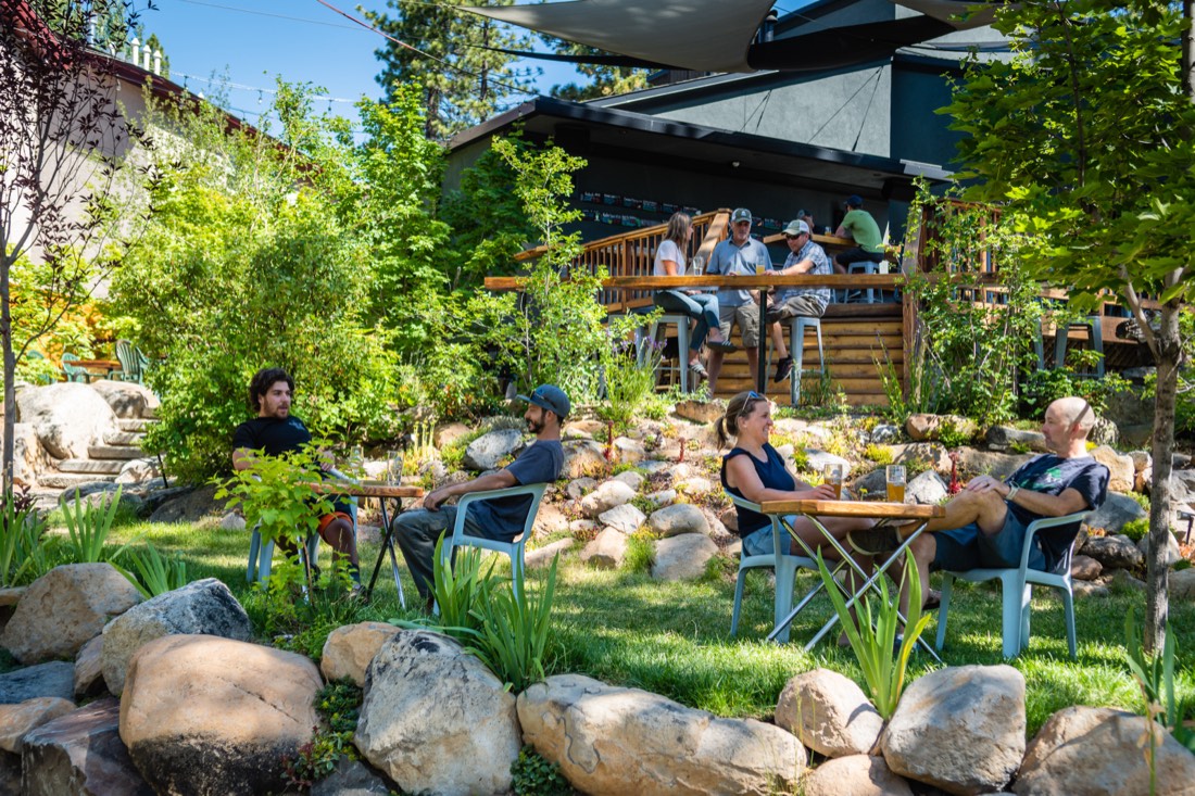 Guests enjoying beers in the sunny outdoor beer garden at Alibi Ale Works