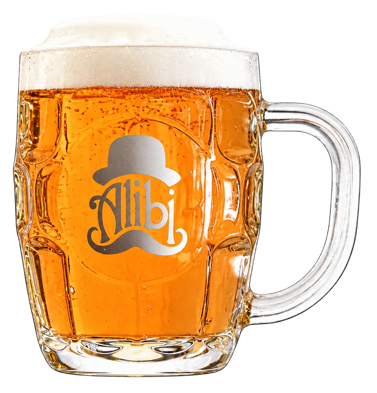 Alibi Ale Works dimple mug filled with a clear deep-orange Oktoberfest lager